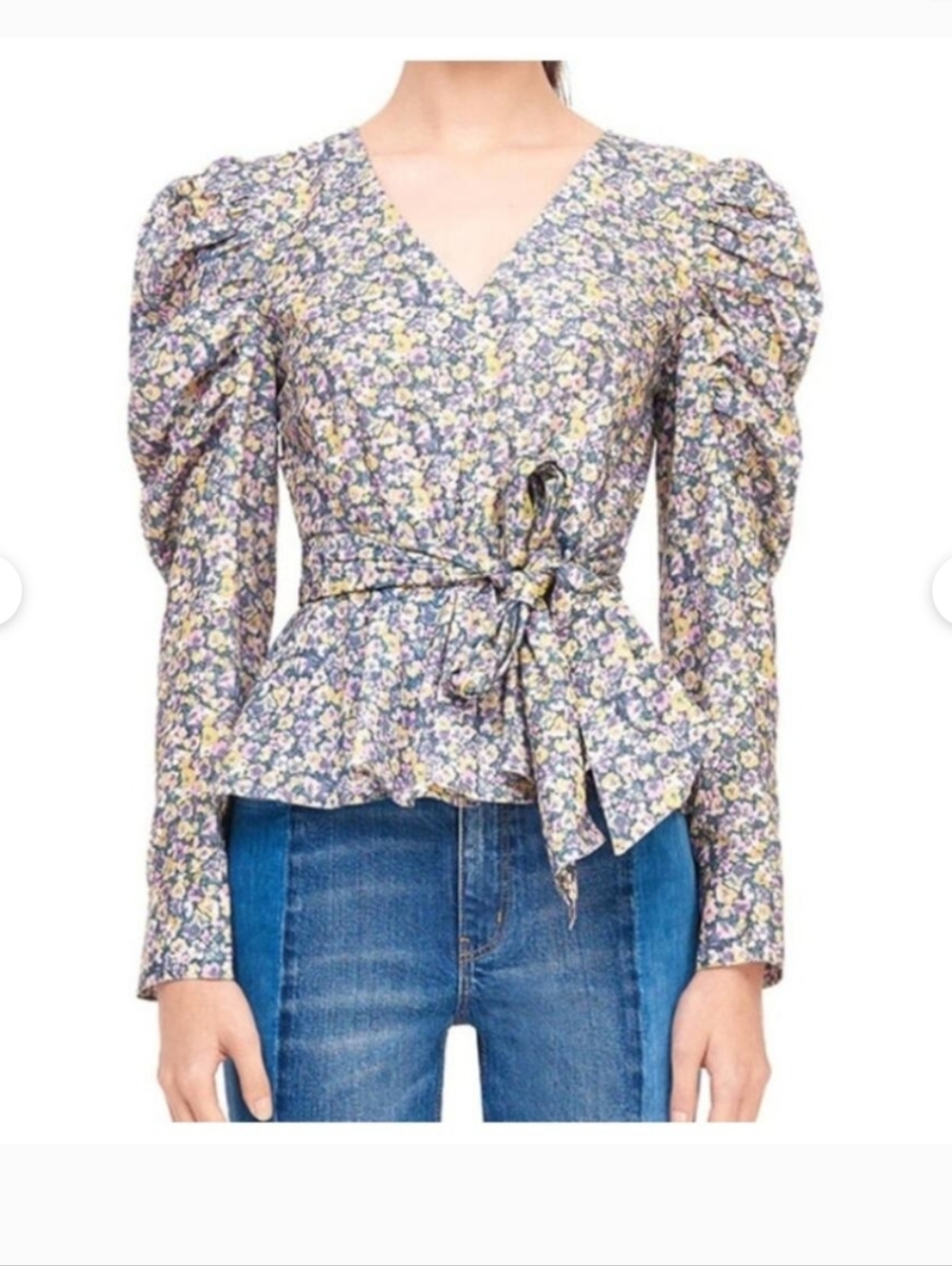 Rebecca Taylor La Vie Blouse V-Neck Puff Sleeve Peplum Floral Print - Size Small